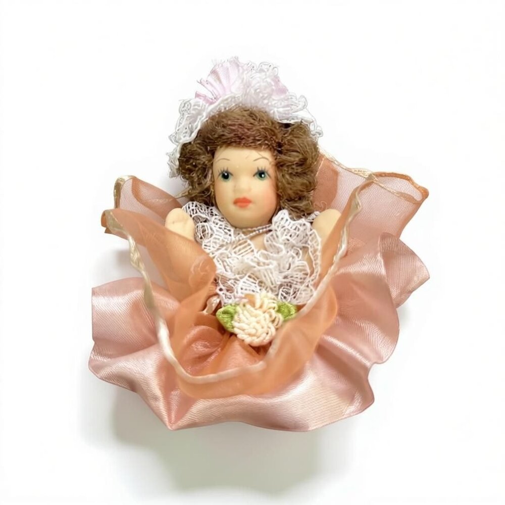 Porcelain Doll Brown Hair Pink Dress Lace Trim 3in Collectible Miniature Vintage